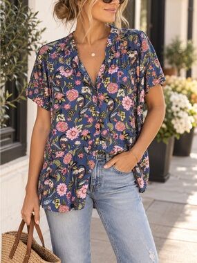 J. Jill Blue Floral Short Sleeve Tunic with Pink & Green Accents XL